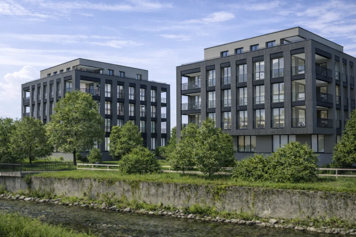 Man sieht eine Visualisierung von zwei geplanten Neubauten.